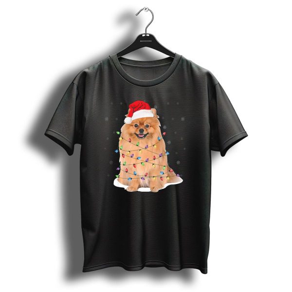 Pomeranian Wrapped In Christmas Lights With Santa Hat And Snowflakes T Shirt 1 t shirt 1