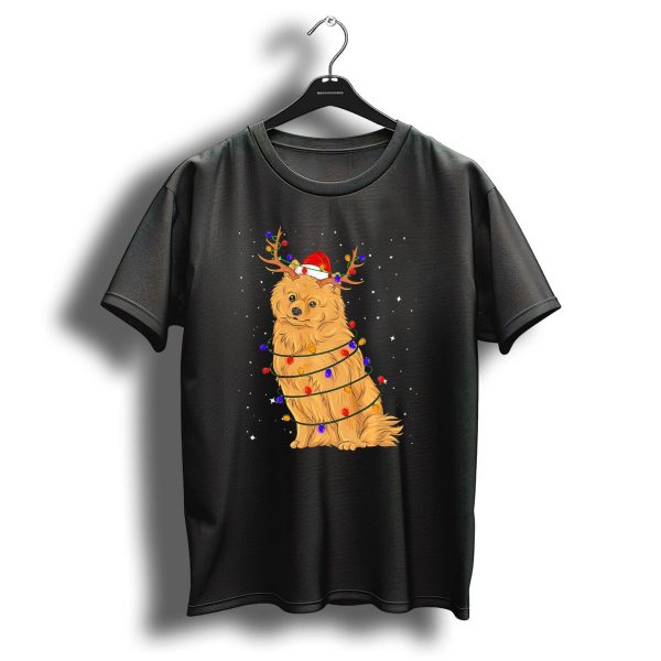 Pomeranian Wrapped In Christmas Lights With Santa Hat Under Starry Sky T Shirt 1 t shirt 1