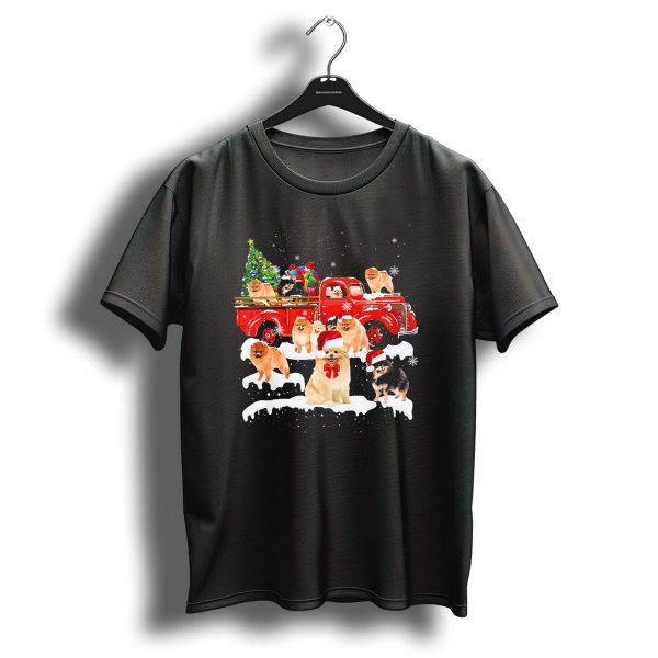 Pomeranians With Santa Hats And Gifts On Red Christmas Truck Snowy Scene T Shirt 1 t shirt 1