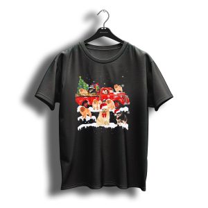 Pomeranians With Santa Hats And Gifts On Red Christmas Truck Snowy Scene T-Shirt