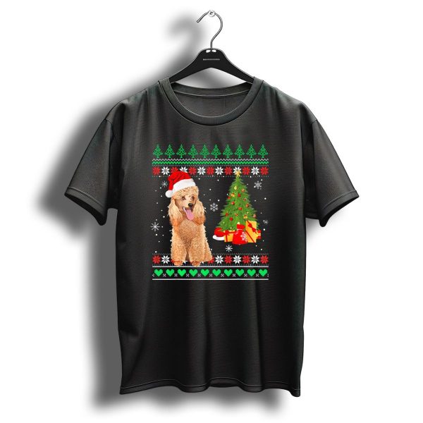 Poodle In Santa Hat And Christmas Lights With Festive Tree And Gifts T Shirt 1 t shirt 1