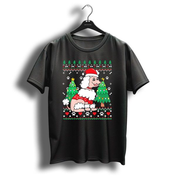 Poodle In Santa Hat With Christmas Ornament Trees And Paw Prints T Shirt 1 t shirt 1