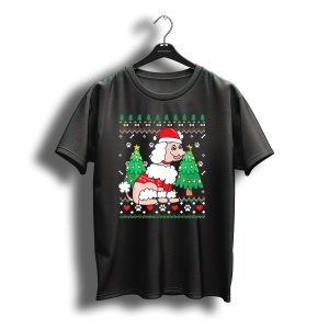 Poodle In Santa Hat With Christmas Ornament Trees And Paw Prints T-Shirt