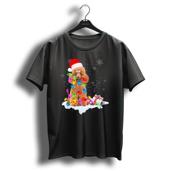 Poodle Wrapped In Christmas Lights Wearing Santa Hat With Snowflakes And Gifts T Shirt 1 t shirt 1