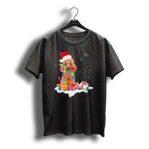 Poodle Wrapped In Christmas Lights Wearing Santa Hat With Snowflakes And Gifts T-Shirt