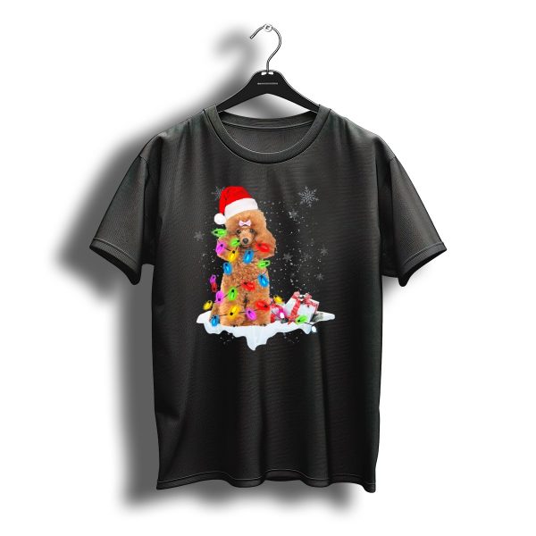 Poodle Wrapped In Christmas Lights Wearing Santa Hat With Snowflakes And Gifts T Shirt t shirt 1