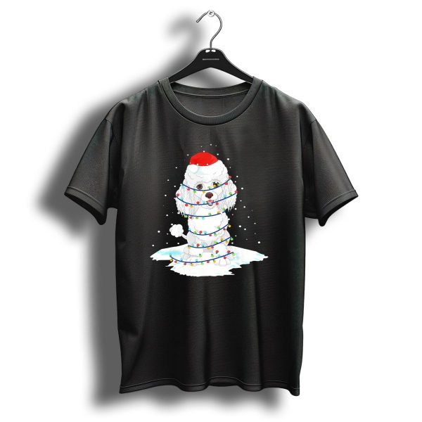 Poodle Wrapped In Christmas Lights With Santa Hat Snow Scene T Shirt 1 t shirt 1