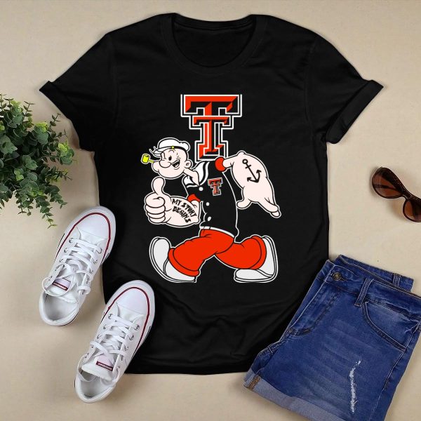 Popeye Thumbs Up Texas Tech Red Raiders Logo Mashup T Shirt Black 1