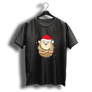 Porcupine Light Christmas Holiday Hedgehog Santa Hat Snowflakes T Shirt