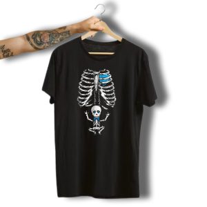 Pregnant Halloween Skeleton Baby Boy Blue Heart And Bowtie T-Shirt