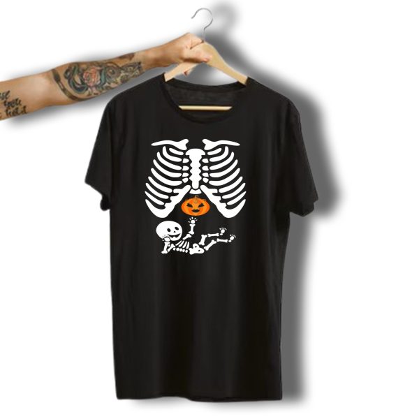 Pregnant Halloween Skeleton Twins Boys Pumpkin Ribcage T Shirt t shirt 1