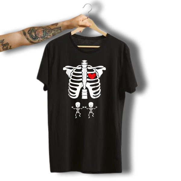 Pregnant Mom Skeleton Twins Babies Halloween Pregnancy Heart T Shirt 1 t shirt 1