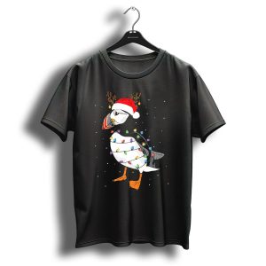 Puffin Bird Christmas Reindeer Lights Santa Hat T Shirt