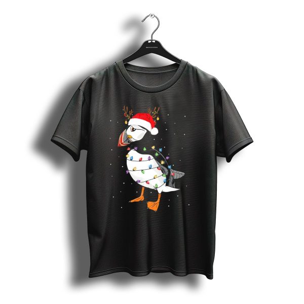 Puffin Bird Christmas Reindeer Lights Santa Hat T Shirt t shirt 1