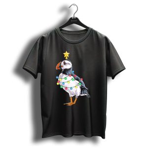 Puffin Bird Wrapped In Christmas Lights With Star T Shirt