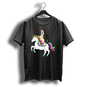 Pug Christmas Dog Riding Rainbow Unicorn T-Shirt