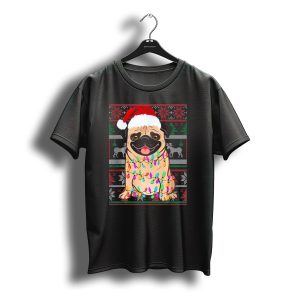 Pug Christmas Lights Santa Hat Ugly T-Shirt