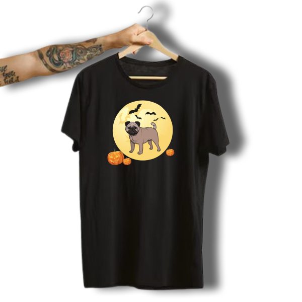 Pug Dog And Moon Halloween Pumpkin Bats T Shirt t shirt 1