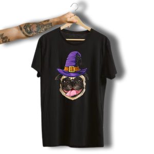 Pug In Purple Witch Hat Halloween T-Shirt