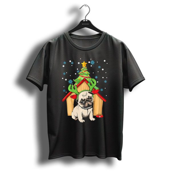 Pug In Reindeer Antlers With Christmas Tree Background T Shirt 1 t shirt 1