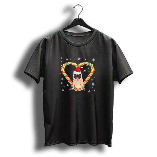 Pug In Santa Hat Candy Cane Heart Christmas Lights With Snowflakes T Shirt 1 t shirt 1