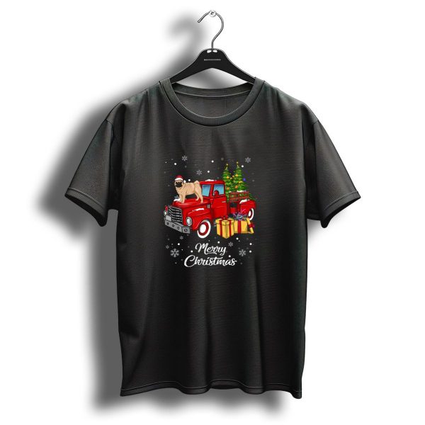 Pug In Santa Hat On Red Truck With Christmas Presents And Trees Merry Christmas T Shirt 1 t shirt 1
