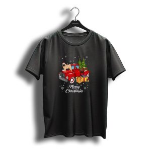 Pug In Santa Hat On Red Truck With Christmas Presents And Trees Merry Christmas T-Shirt