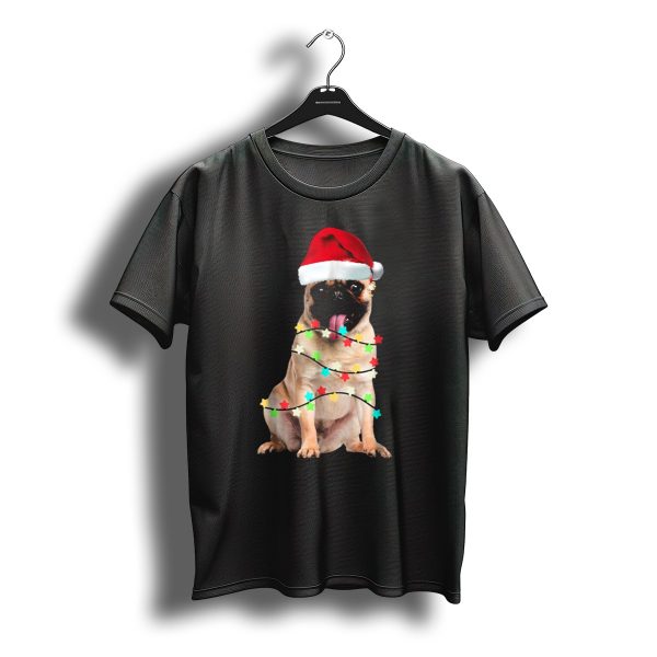 Pug Santa Christmas Light Wrapping Festive Holiday Hat T Shirt t shirt 1