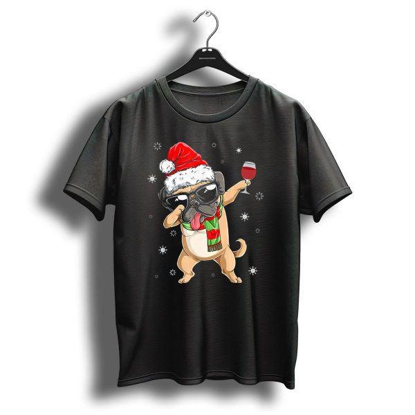 Pug Santa Dabbing Snowflakes Wine Glass Christmas T Shirt 1 t shirt 1