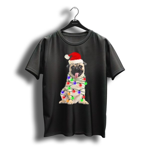 Pug Santa Hat Wrapped In Christmas Lights T Shirt t shirt 1
