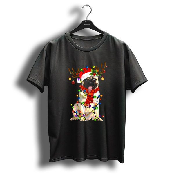 Pug Wearing Santa Hat Reindeer Antlers Christmas Lights Scarf Holiday T Shirt 1 t shirt 1