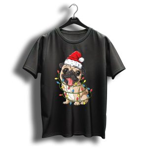 Pug Wearing Santa Hat Wrapped In Xmas Lights For Christmas T Shirt