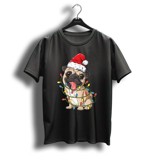Pug Wearing Santa Hat Wrapped In Xmas Lights For Christmas T Shirt 1 t shirt 1