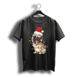 Pug Wearing Santa Hat Wrapped In Xmas Lights For Christmas T-Shirt
