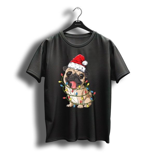 Pug Wearing Santa Hat Wrapped In Xmas Lights For Christmas T Shirt t shirt 1