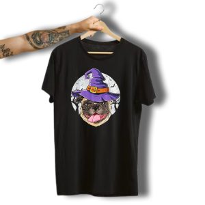 Pug With Purple Witch Hat In Halloween Moonlit Scene T-Shirt
