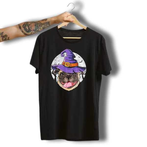 Pug With Purple Witch Hat In Halloween Moonlit Scene T Shirt 1 t shirt 1