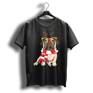Pug With Reindeer Antlers And Red Nose Christmas Holiday T Shirt