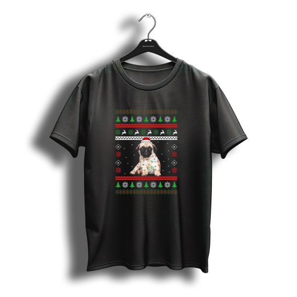 Pug Wrapped In Christmas Tree Lights Santa Hat Snowflakes Trees Reindeer Xmas Boy T Shirt t shirt 1