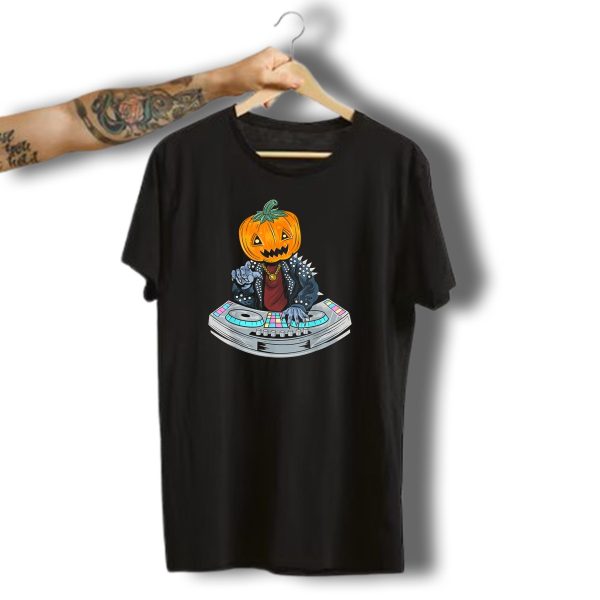 Pumpkin Head Zombie Halloween Dj With Spiked Jacket At Turntables T Shirt t shirt 1
