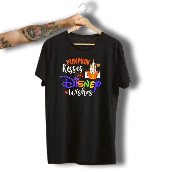 Pumpkin Kisses And Disney Wishes Castle Halloween Leaves T Shirt t shirt 1