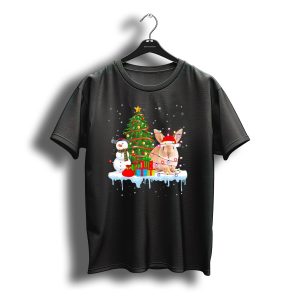 Rabbit In Santa Hat With Christmas Lights Snowman And Tree T-Shirt