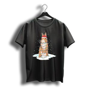 Rabbit Santa Wrapped In Christmas Light Tree With Snow Background T-Shirt
