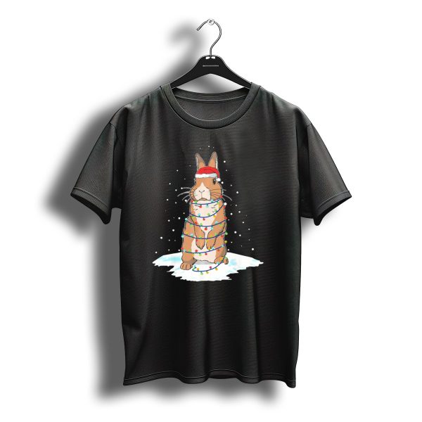 Rabbit Santa Wrapped In Christmas Light Tree With Snow Background T Shirt t shirt 1