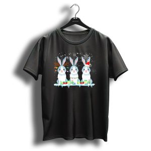 Rabbit Trio In Christmas Hats And Lights With Snowflakes And Gifts T Shirt