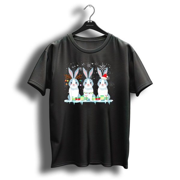 Rabbit Trio In Christmas Hats And Lights With Snowflakes And Gifts T Shirt 1 t shirt 1