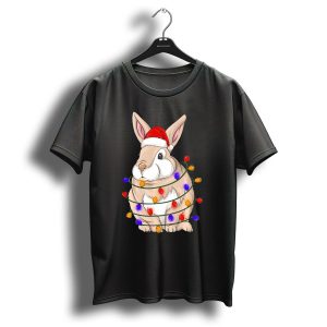 Rabbit Wrapped In Christmas Lights Wearing Santa Hat T Shirt