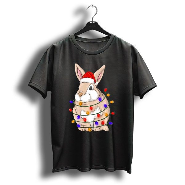 Rabbit Wrapped In Christmas Lights Wearing Santa Hat T Shirt 1 t shirt 1