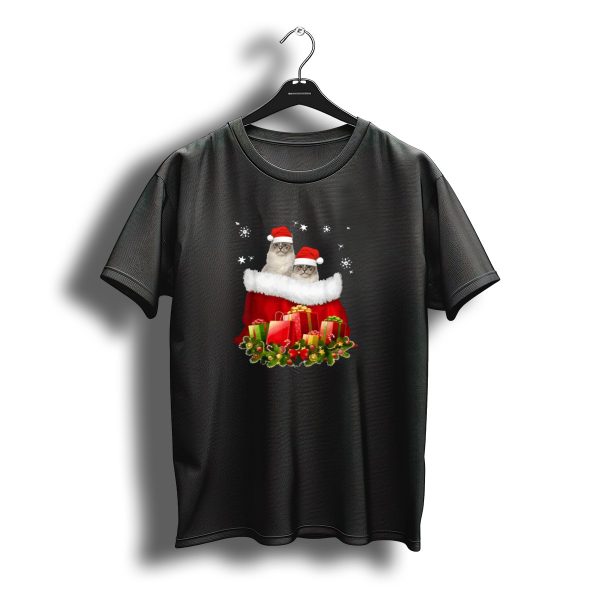 Ragdoll Kittens In Santa Hats With Christmas Gift Bag And Snowflakes T Shirt t shirt 1
