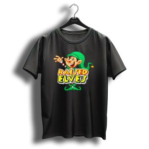 Raised By Elves Christmas Elf Cartoon Fun T-Shirt